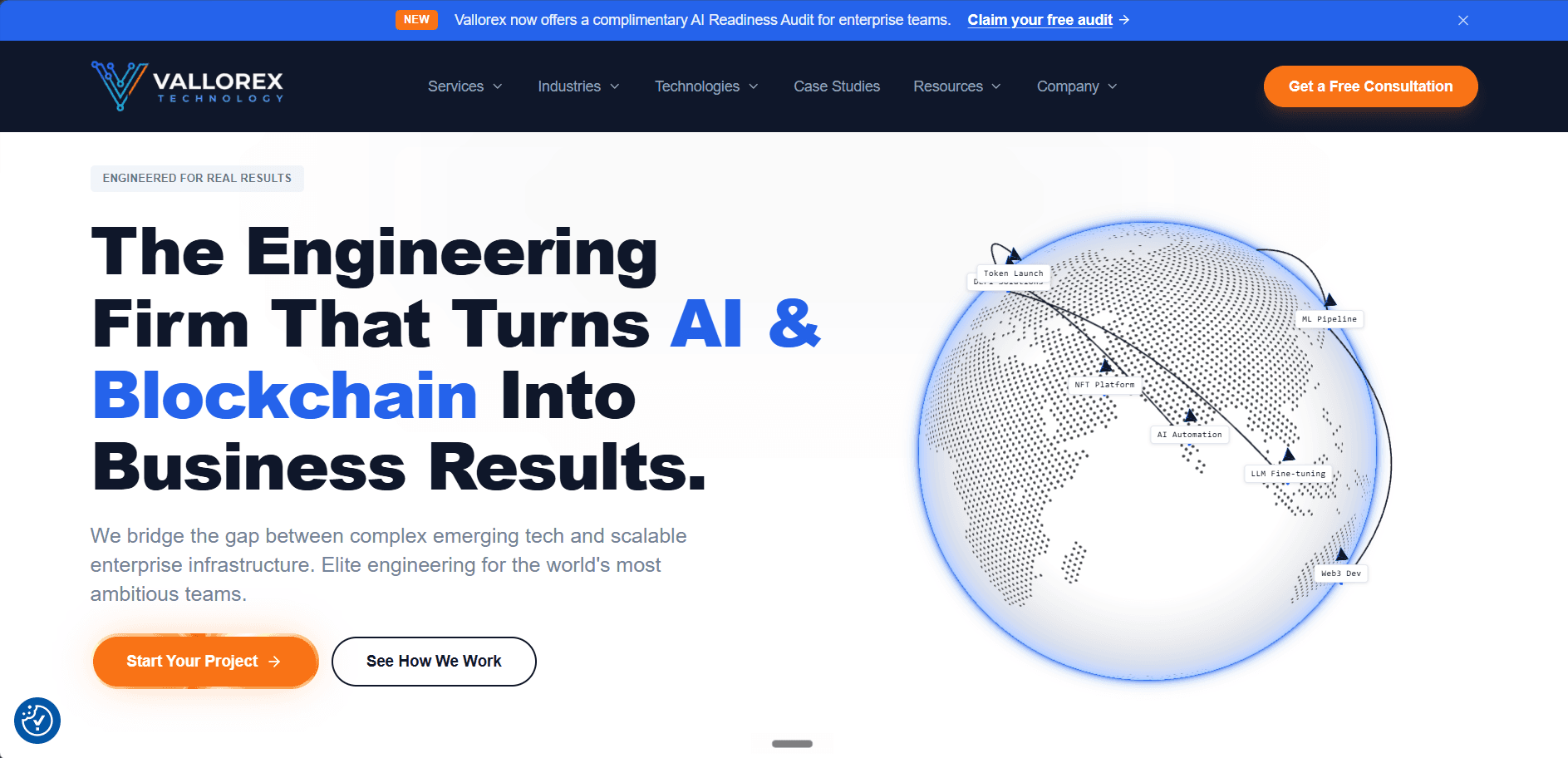Vallorex Technology website scrolling through the hero, globe graphic, and services sections