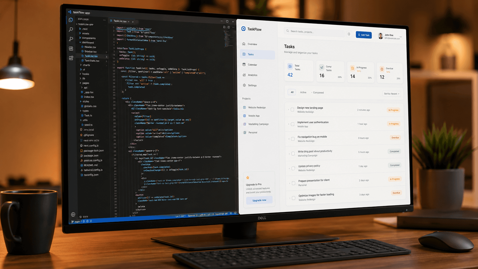 A monitor showing a code editor next to a clean task-management dashboard on a warm desk
