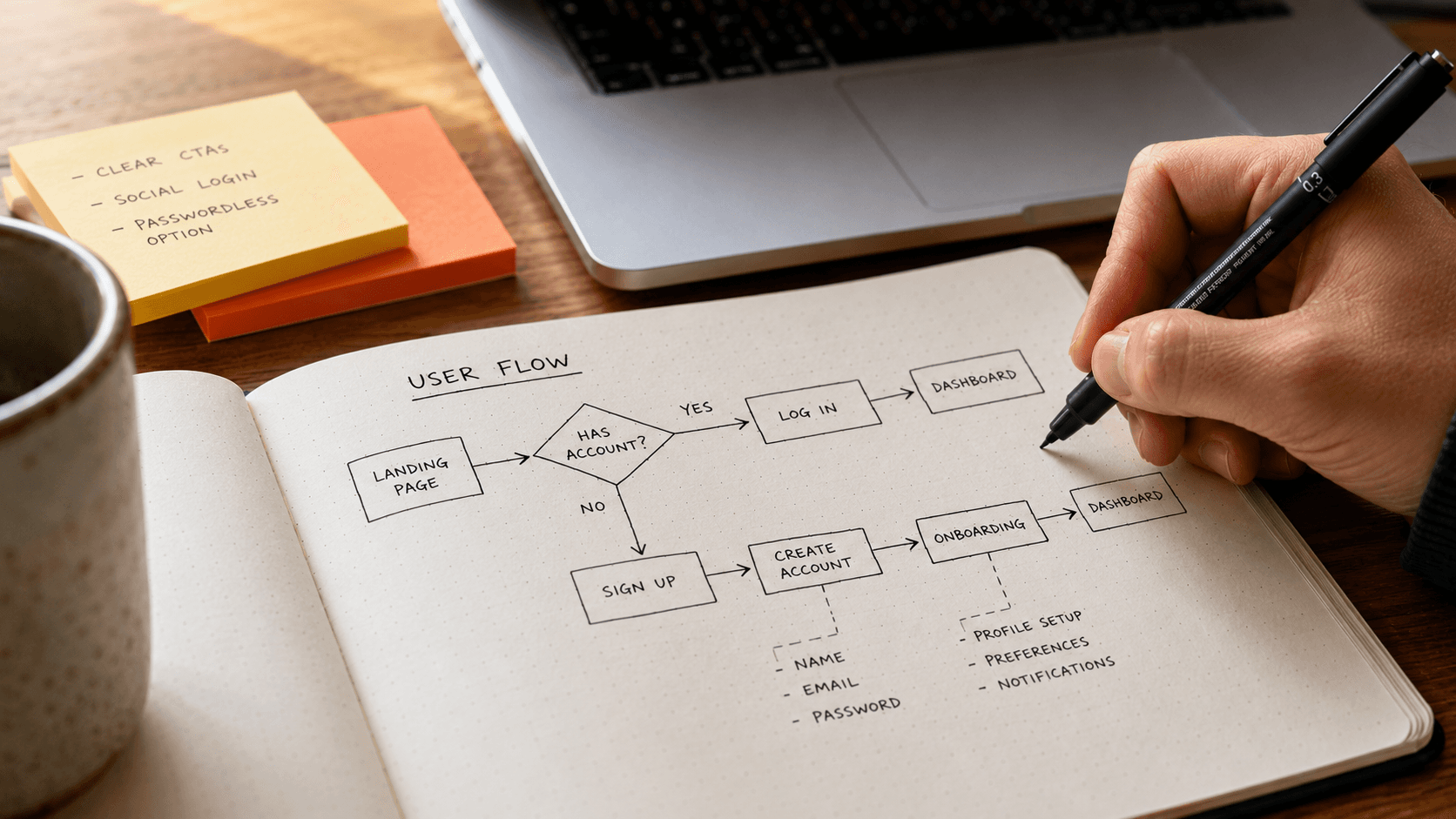 A hand sketching a user-flow diagram in a notebook beside a laptop and sticky notes